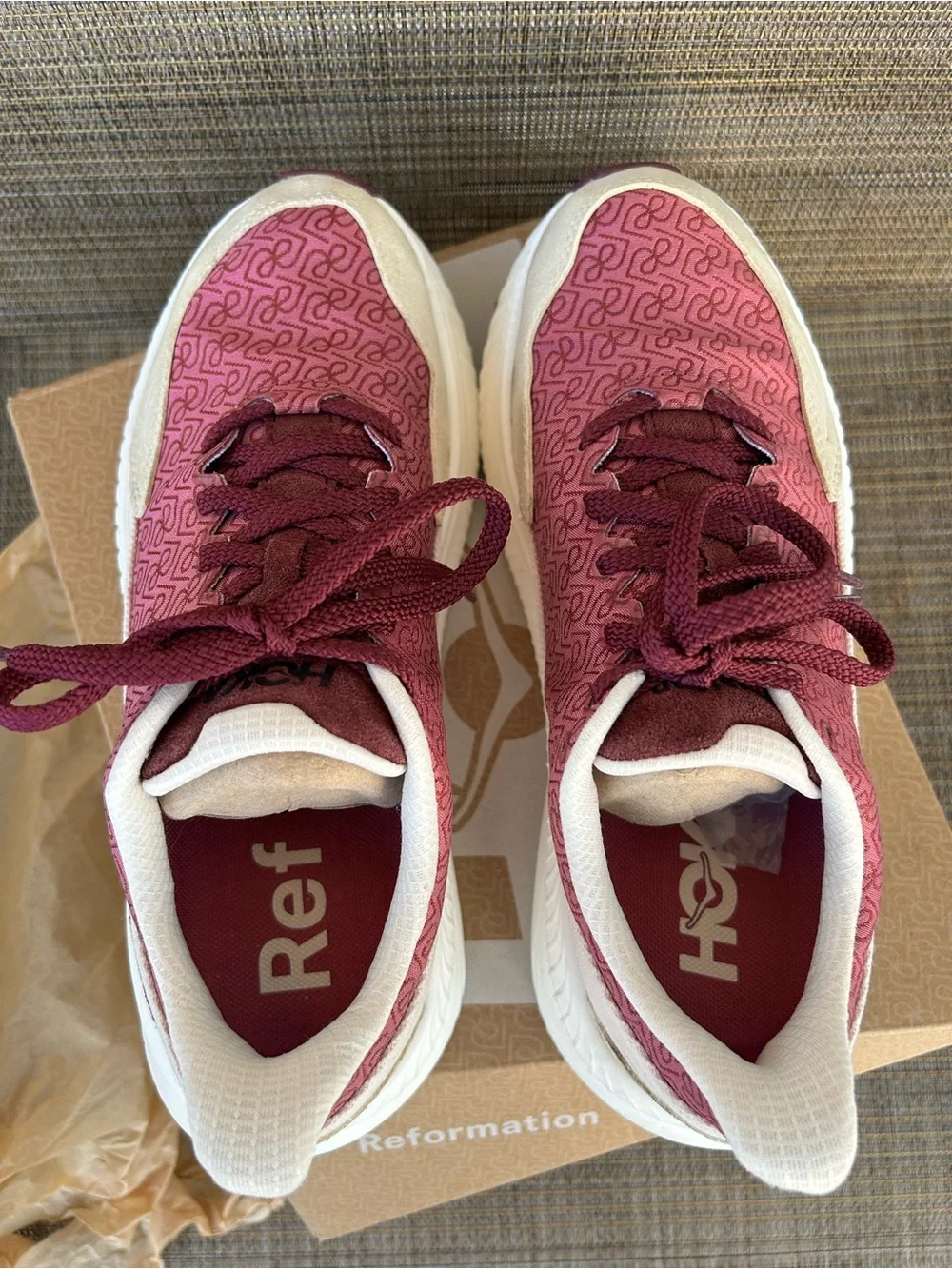 Like new HOKA One Mach 6 size 7.5 Reformation X LS Monogram Sneakers pink white